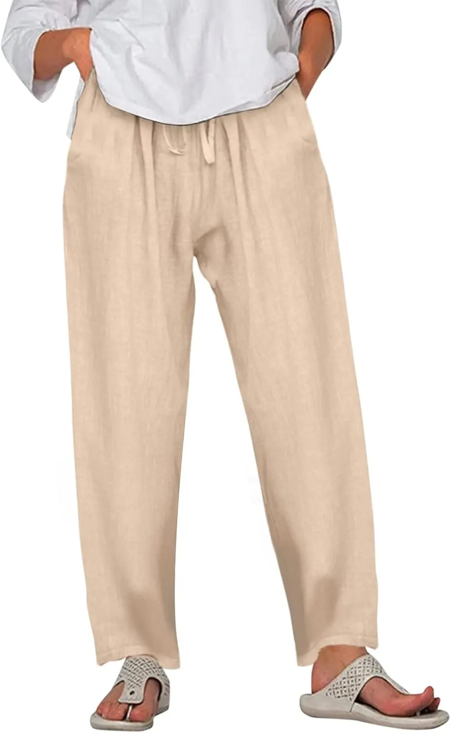 Wide Leg Trousers Women Linen Feel Casual Lightweight Summer Drawstring Elastic Waist Comfy Palazzo Pants with Pockets
