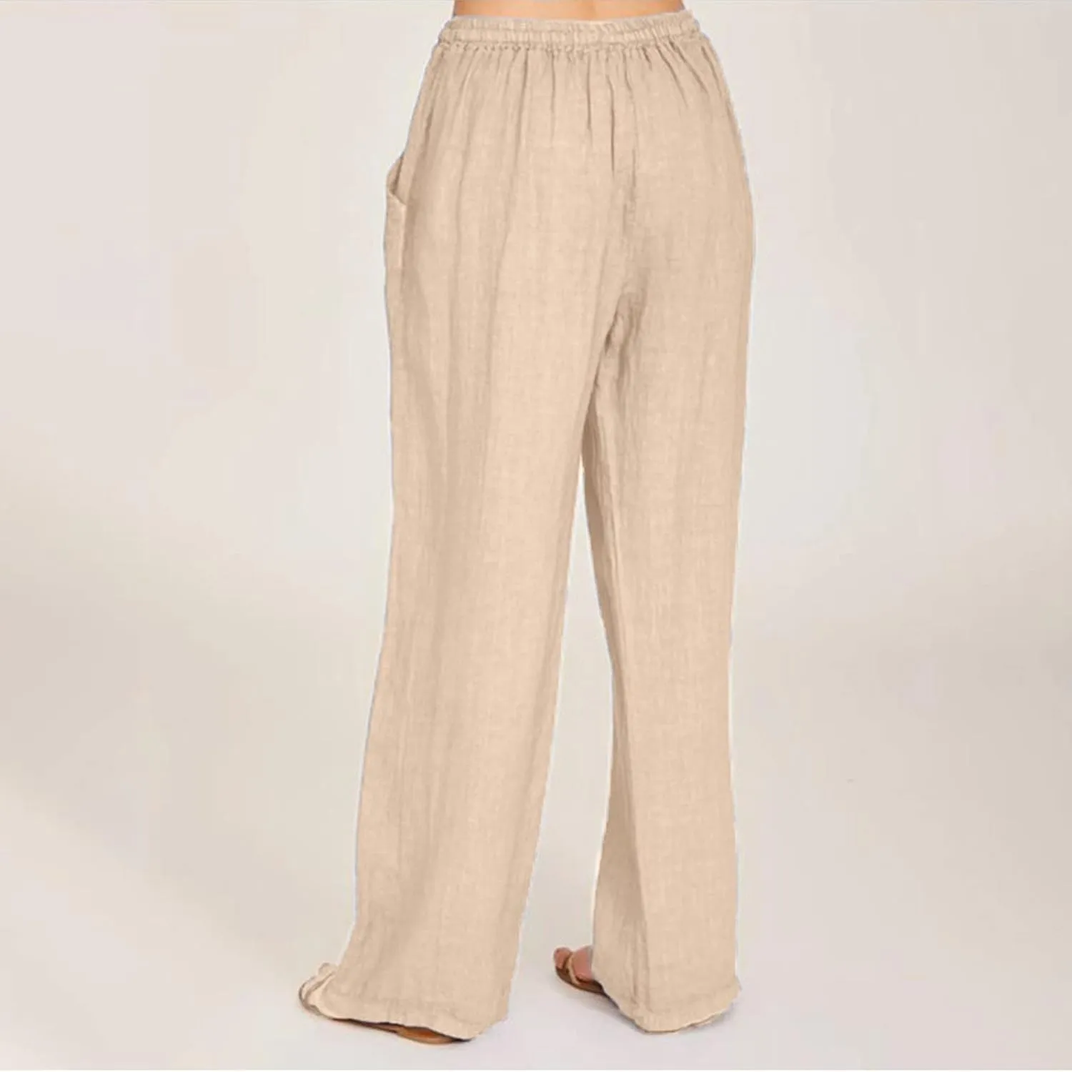 Wide Leg Trousers Women Linen Feel Casual Lightweight Summer Drawstring Elastic Waist Comfy Palazzo Pants with Pockets