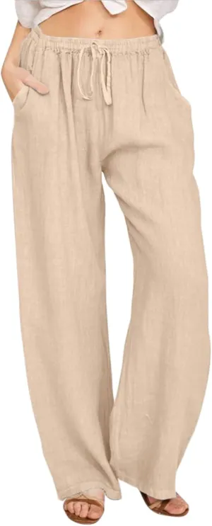 Wide Leg Trousers Women Linen Feel Casual Lightweight Summer Drawstring Elastic Waist Comfy Palazzo Pants with Pockets