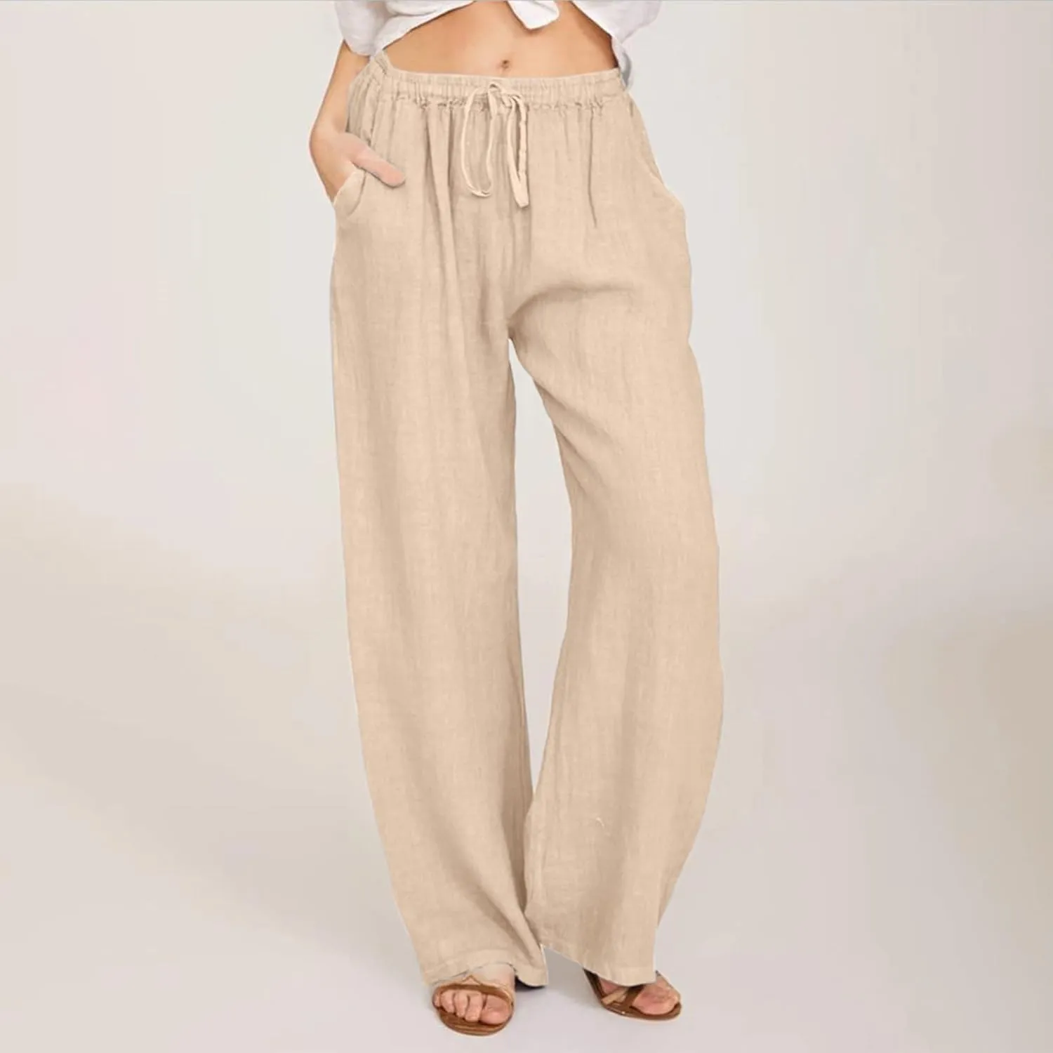 Wide Leg Trousers Women Linen Feel Casual Lightweight Summer Drawstring Elastic Waist Comfy Palazzo Pants with Pockets
