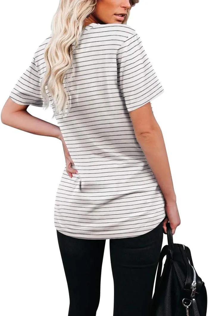WIHOLL Women Summer T Shirts Short Sleeve Rounded V Neck Pocket Tee Tops