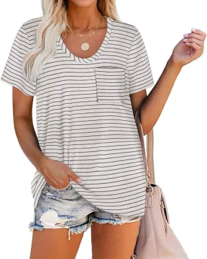 WIHOLL Women Summer T Shirts Short Sleeve Rounded V Neck Pocket Tee Tops