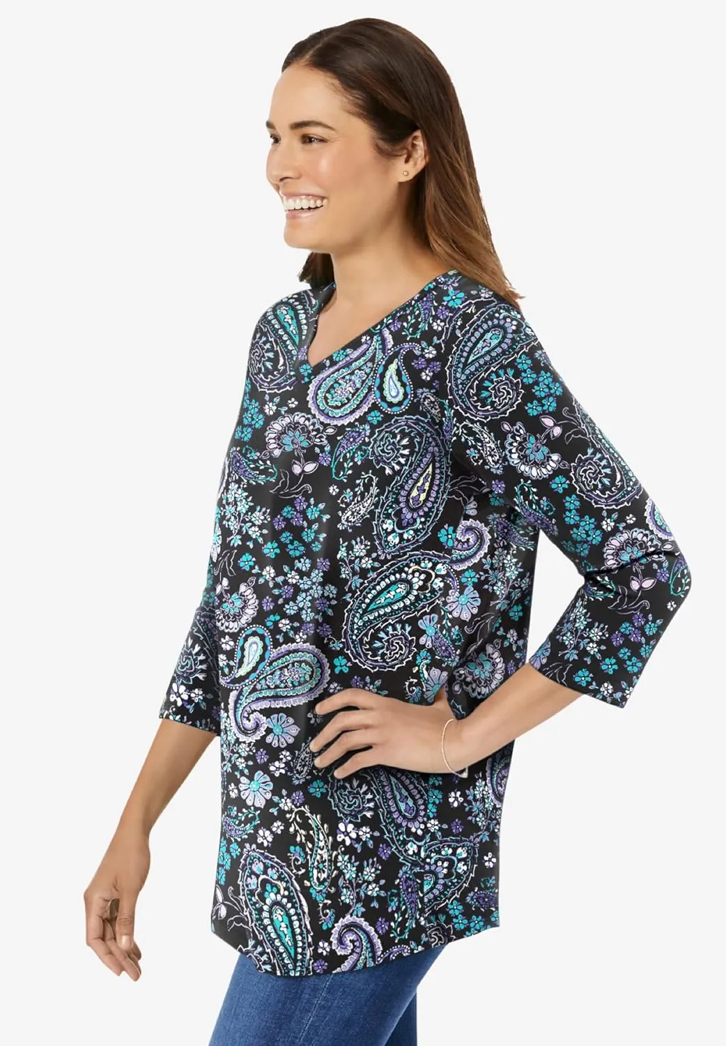Woman Within Women's Plus Size Perfect Printed Three-Quarter Sleeve V-Neck Tee