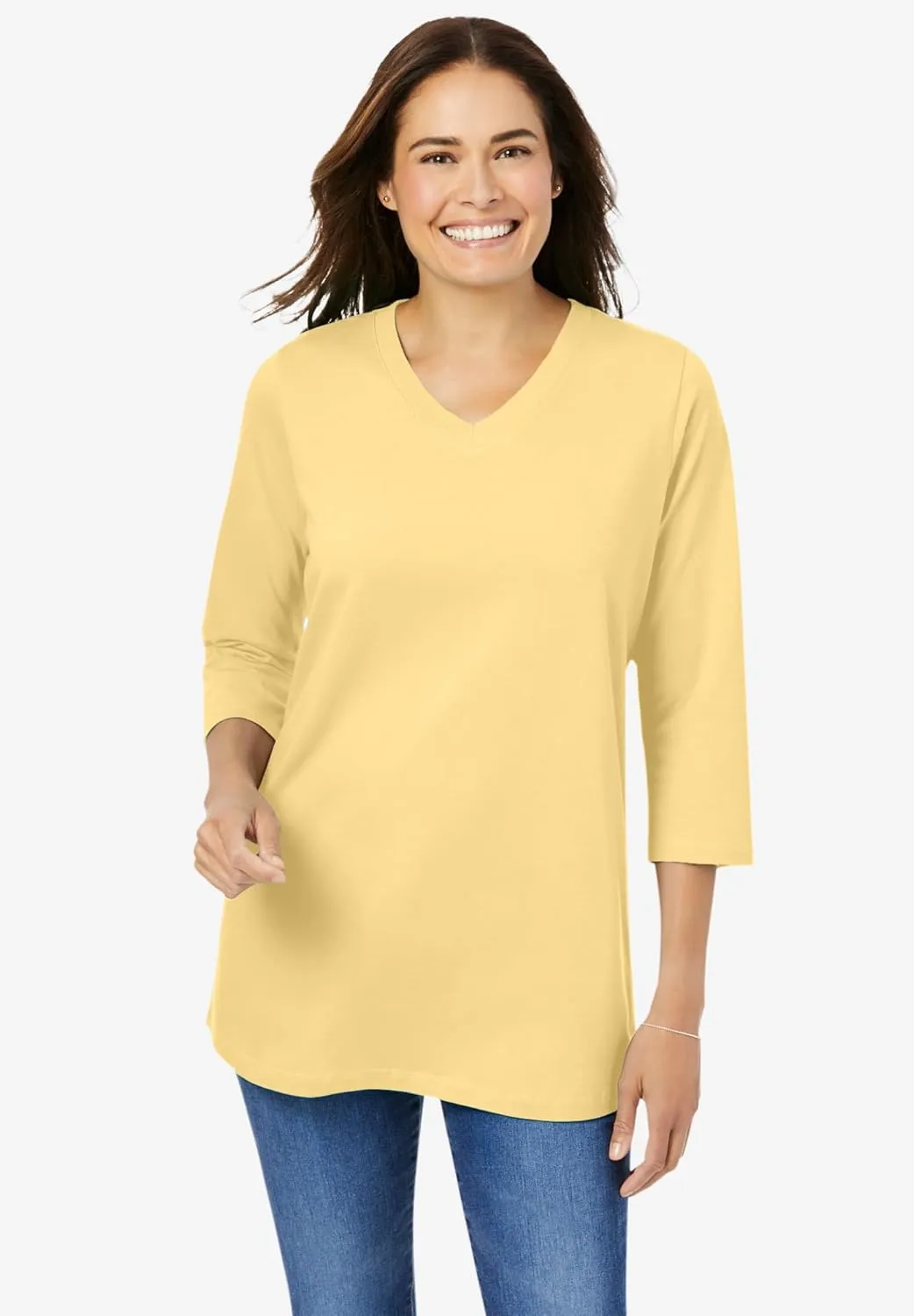 Woman Within Women's Plus Size Perfect Printed Three-Quarter Sleeve V-Neck Tee