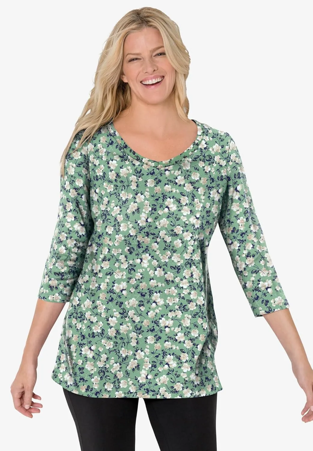 Woman Within Women's Plus Size Perfect Printed Three-Quarter Sleeve V-Neck Tee