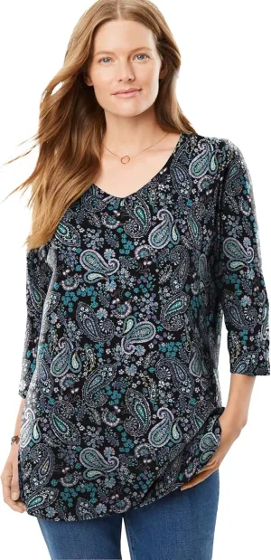 Woman Within Women's Plus Size Perfect Printed Three-Quarter Sleeve V-Neck Tee