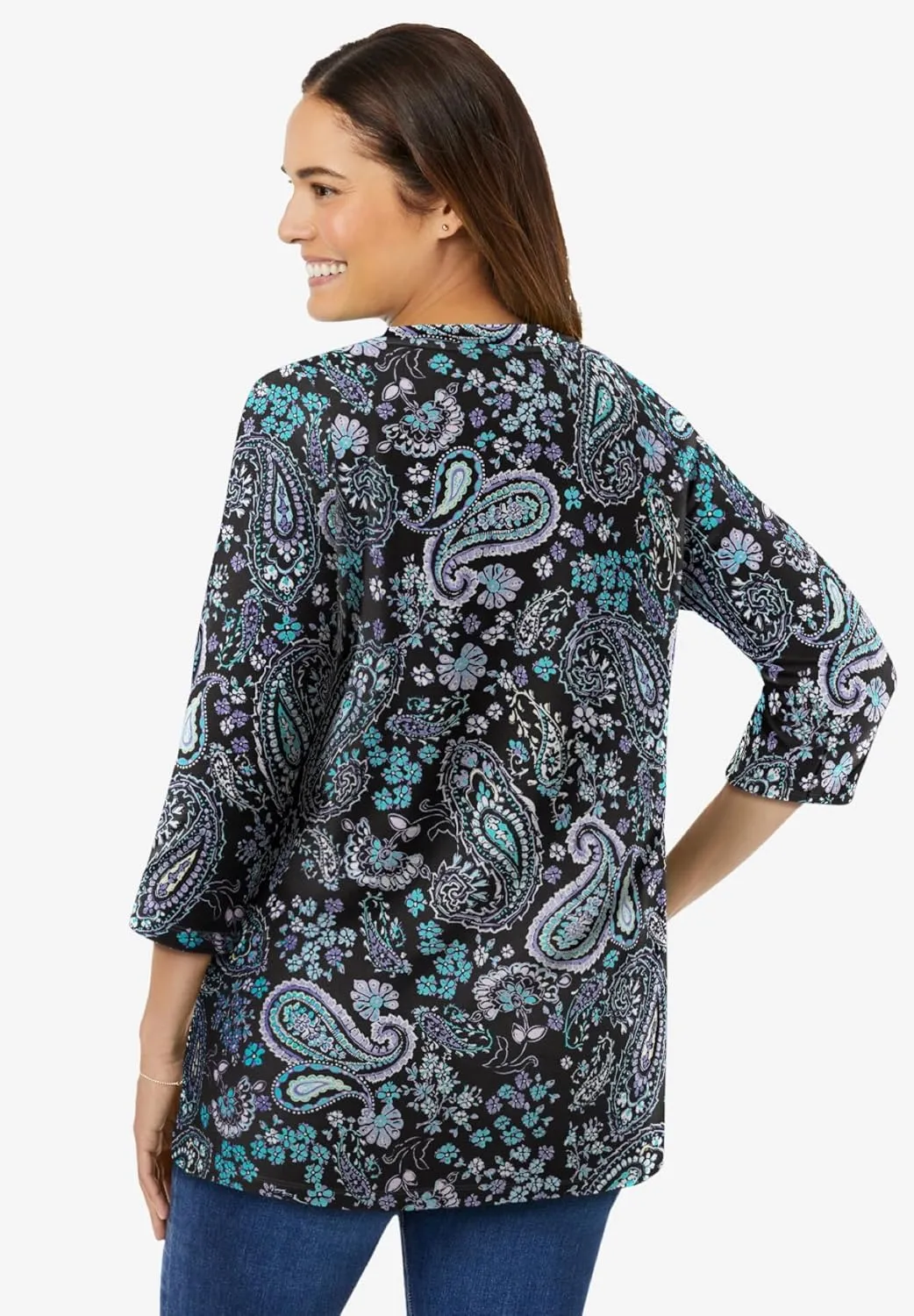 Woman Within Women's Plus Size Perfect Printed Three-Quarter Sleeve V-Neck Tee
