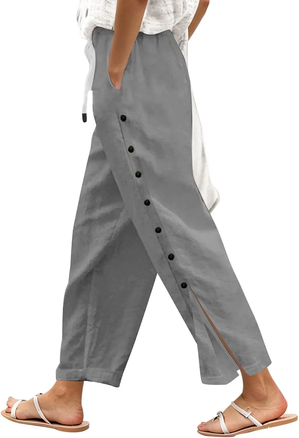 Women Beach Pants Linen Capri Pants Summer Casual Trousers Ladies Pinstripe Pant Drawstring Elastic Waist Pant