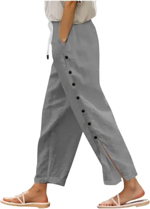 Women Beach Pants Linen Capri Pants Summer Casual Trousers Ladies Pinstripe Pant Drawstring Elastic Waist Pant