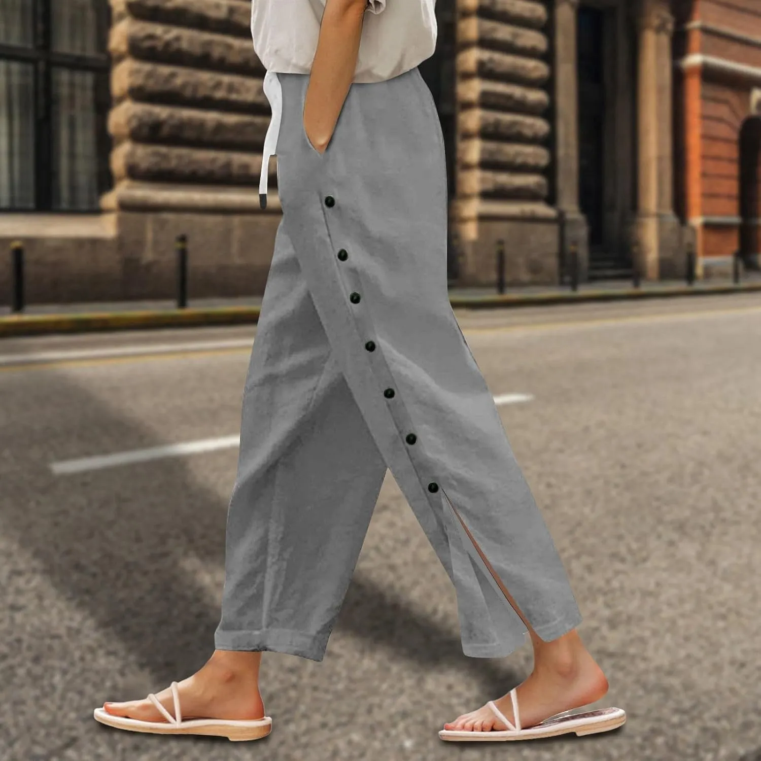 Women Beach Pants Linen Capri Pants Summer Casual Trousers Ladies Pinstripe Pant Drawstring Elastic Waist Pant
