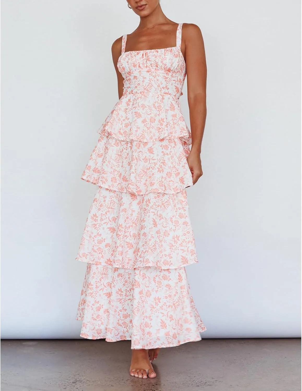 Women Boho Floral Maxi Dress Spaghetti Strap Deep V Neck Lace Sheer Backless Long Ruffle Flowy Dresses Sundress