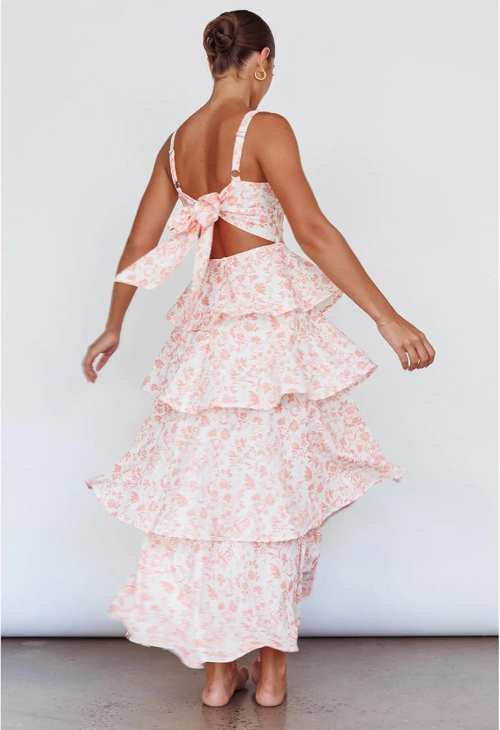 Women Boho Floral Maxi Dress Spaghetti Strap Deep V Neck Lace Sheer Backless Long Ruffle Flowy Dresses Sundress