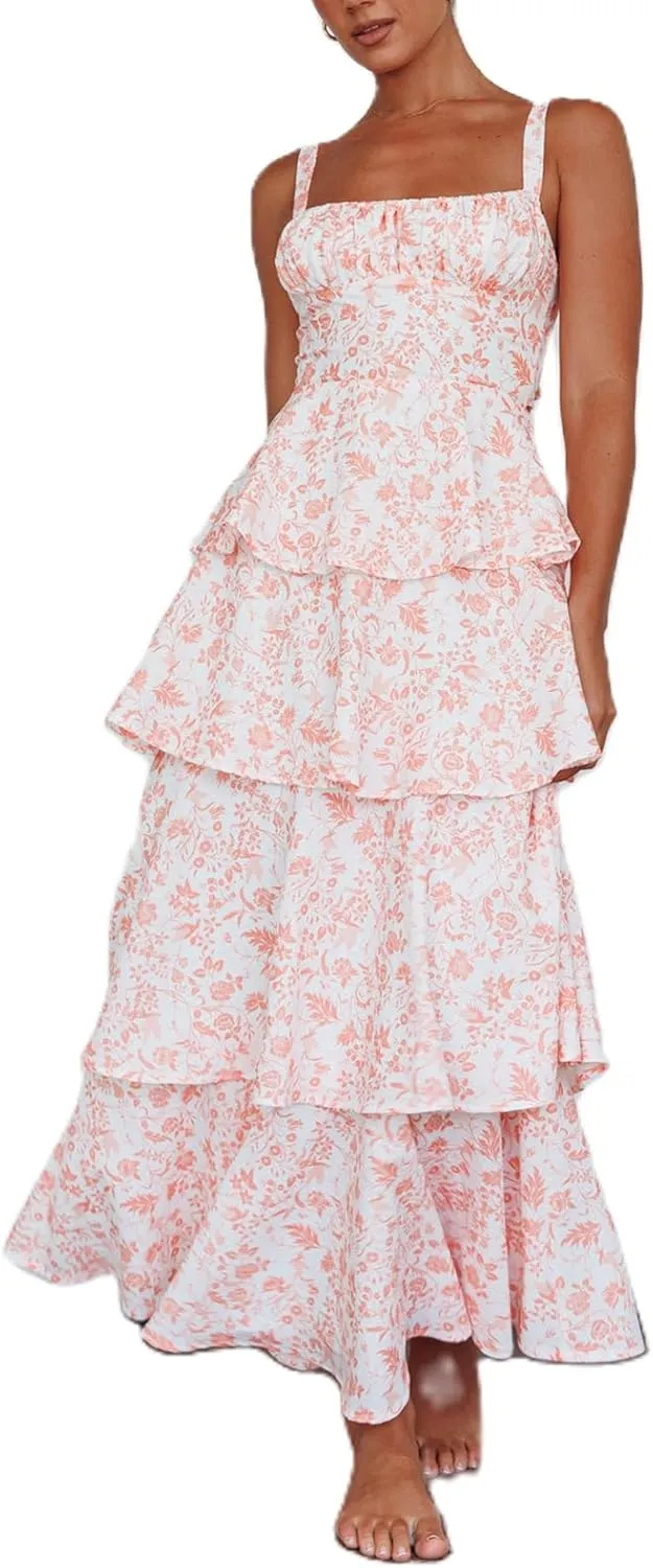 Women Boho Floral Maxi Dress Spaghetti Strap Deep V Neck Lace Sheer Backless Long Ruffle Flowy Dresses Sundress