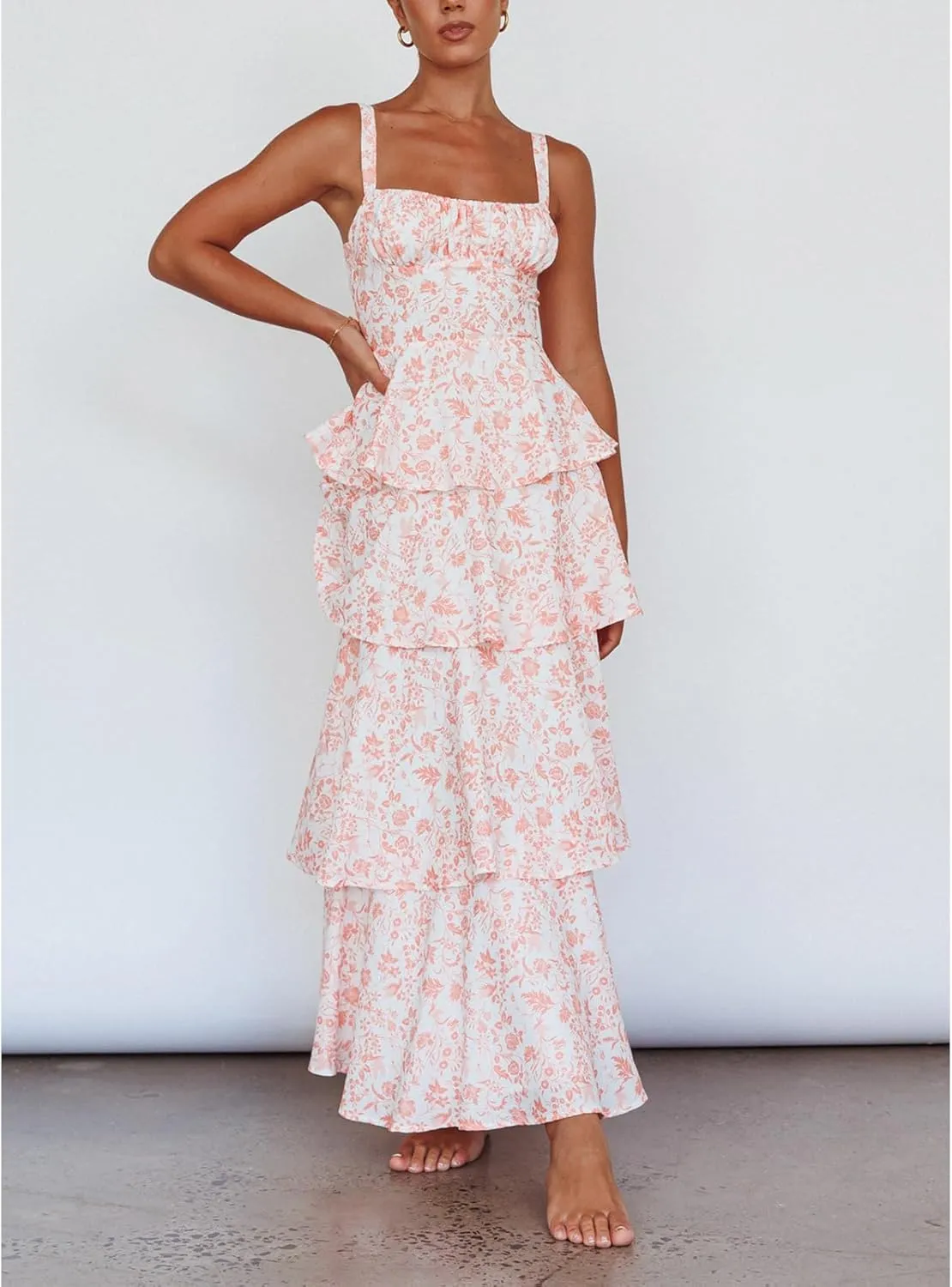 Women Boho Floral Maxi Dress Spaghetti Strap Deep V Neck Lace Sheer Backless Long Ruffle Flowy Dresses Sundress