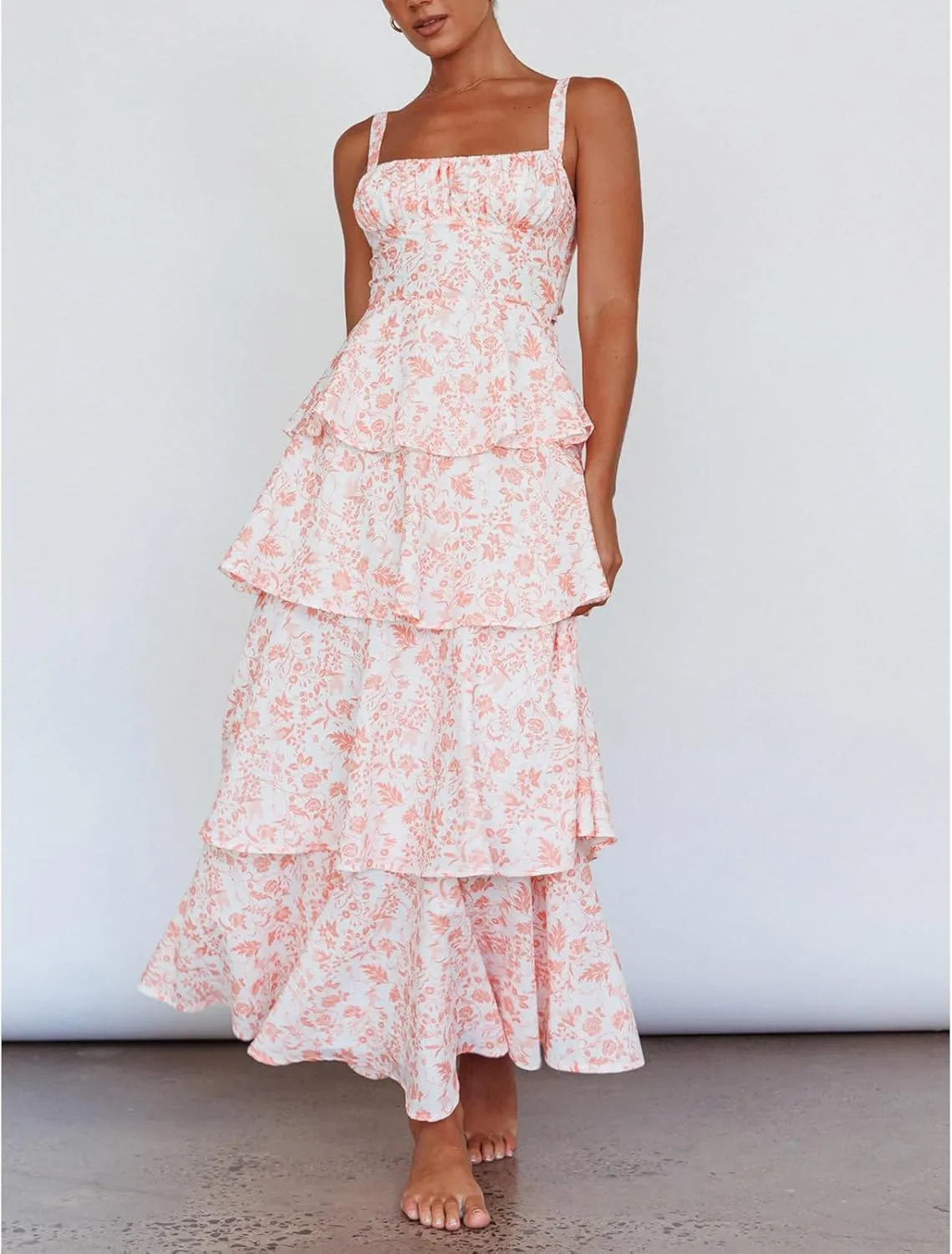 Women Boho Floral Maxi Dress Spaghetti Strap Deep V Neck Lace Sheer Backless Long Ruffle Flowy Dresses Sundress