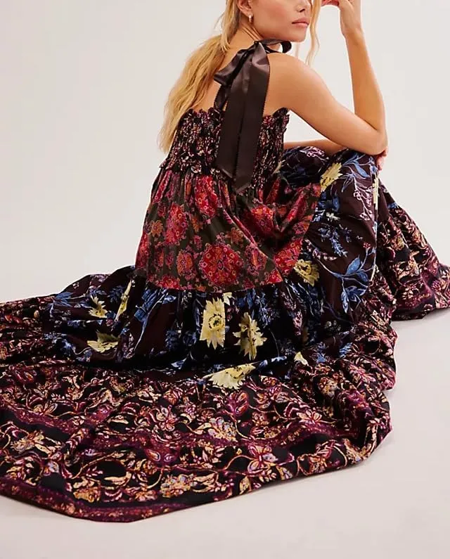 Women Boho Tie Shoulder Dress Y2k Floral Smocked Long Flowy Dresses Cute Summer Beach Spaghetti Strap Maxi Sundress