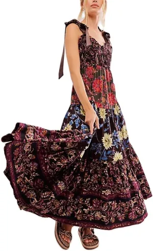 Women Boho Tie Shoulder Dress Y2k Floral Smocked Long Flowy Dresses Cute Summer Beach Spaghetti Strap Maxi Sundress