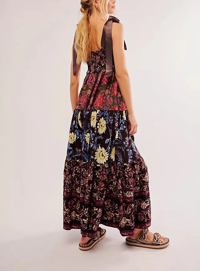 Women Boho Tie Shoulder Dress Y2k Floral Smocked Long Flowy Dresses Cute Summer Beach Spaghetti Strap Maxi Sundress