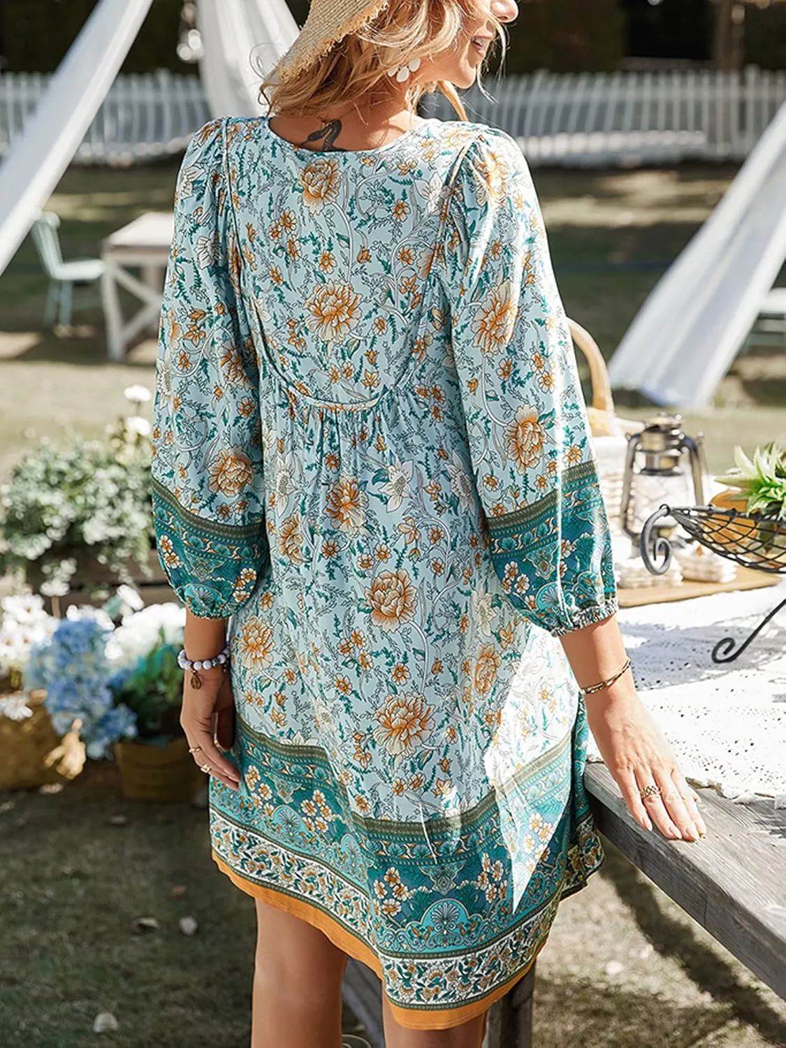 Women Casual Spring Summer Dresses V Neck 3/4 Long Sleeve Ruffle Floral Flowy Boho Babydoll Mini Short Beach Dress