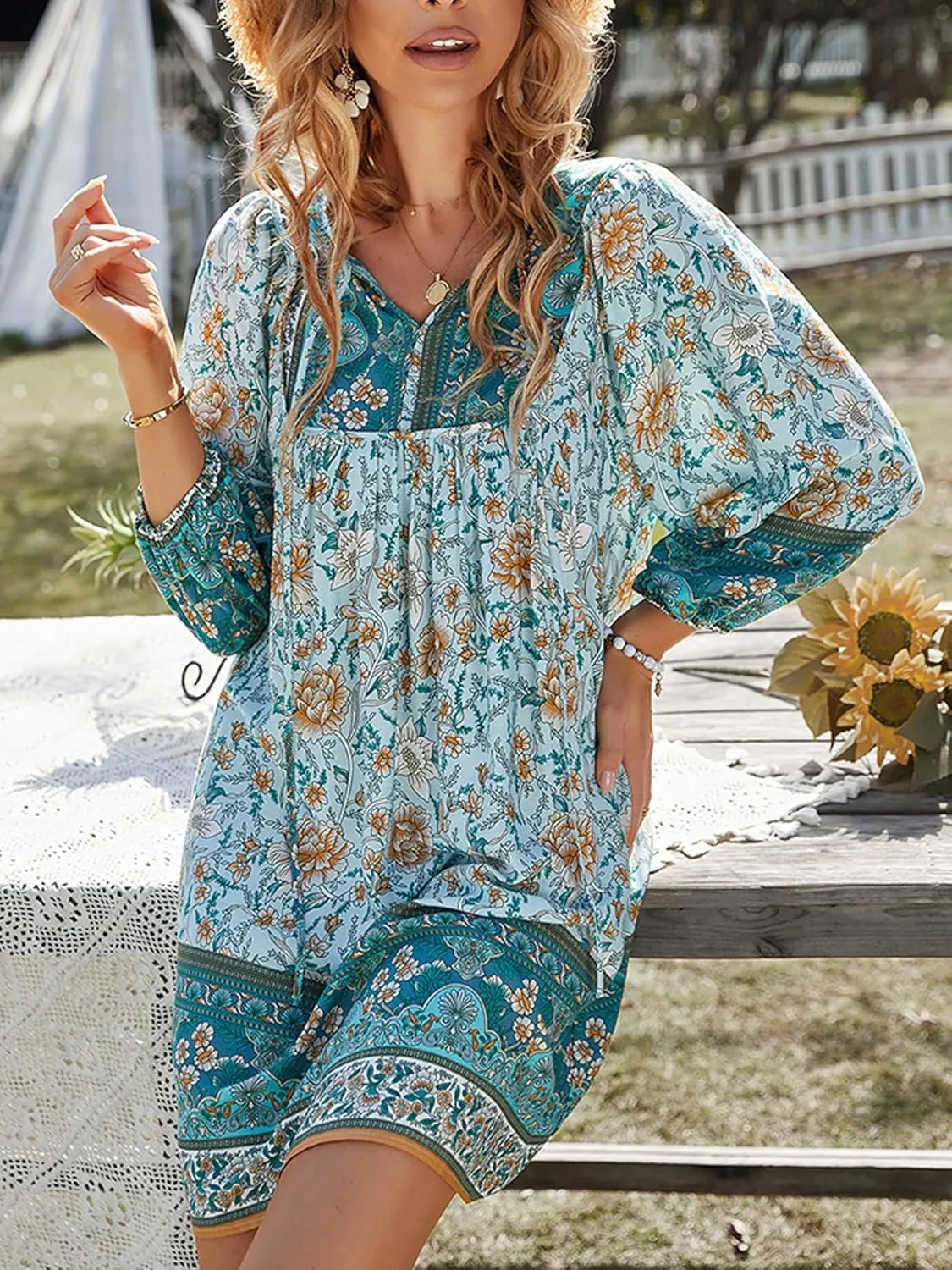 Women Casual Spring Summer Dresses V Neck 3/4 Long Sleeve Ruffle Floral Flowy Boho Babydoll Mini Short Beach Dress