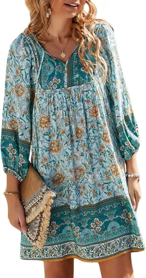 Women Casual Spring Summer Dresses V Neck 3/4 Long Sleeve Ruffle Floral Flowy Boho Babydoll Mini Short Beach Dress