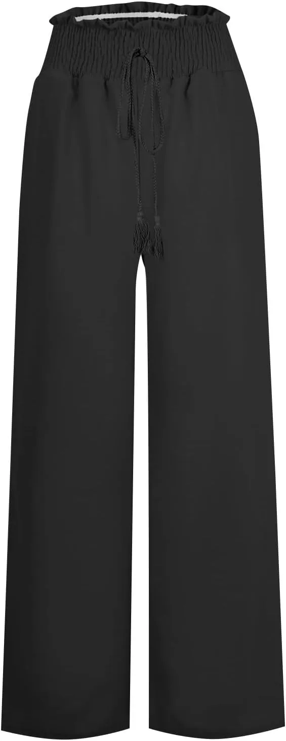 Women Cotton Linen Summer Floral Pant Trousers Elastic Waist Baggy Stretchy Slim Fit Trousers Trendy