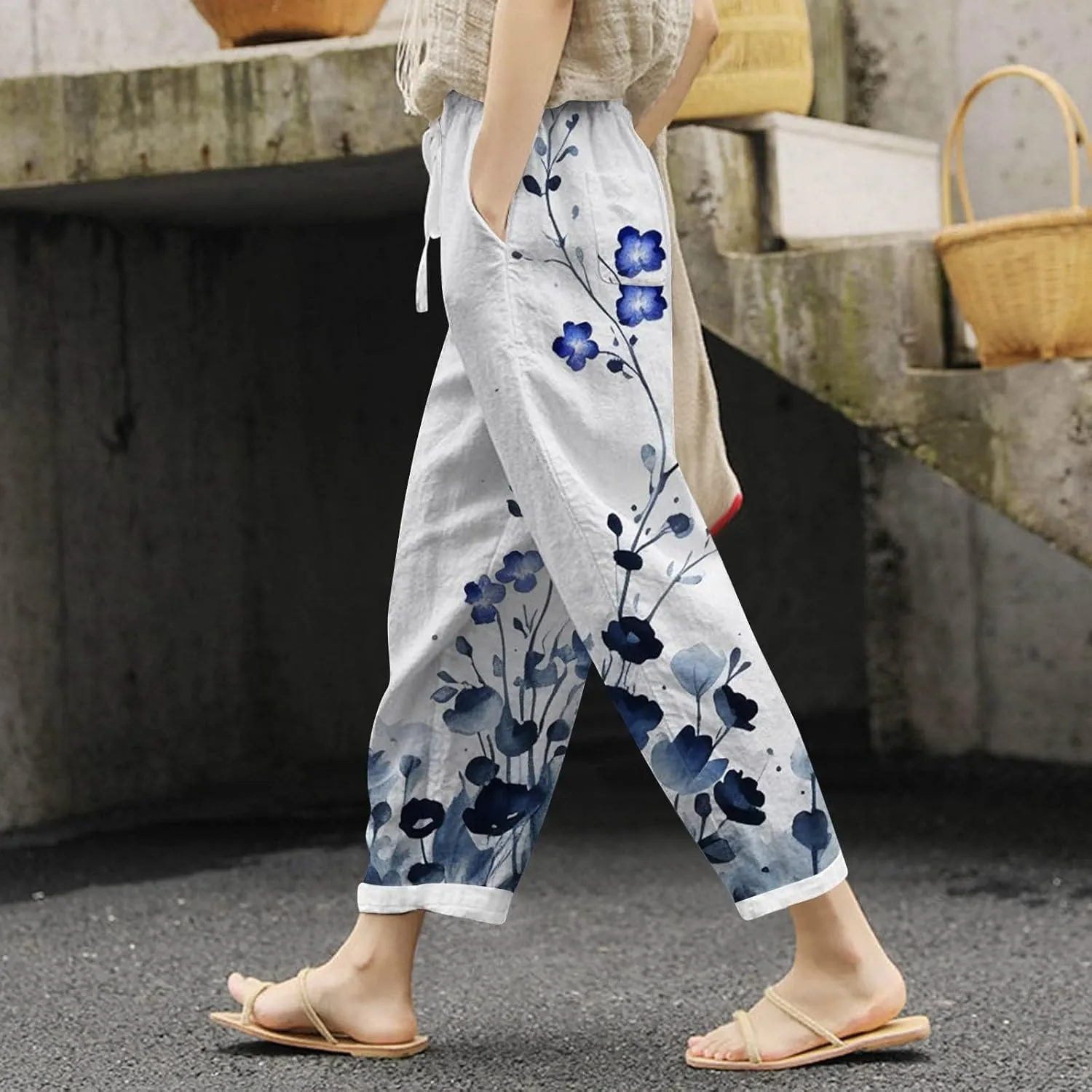 Women Cotton Linen Summer Trendy Pant Trousers Elastic Waisted Long Lounge Slim Fit Pants Beach