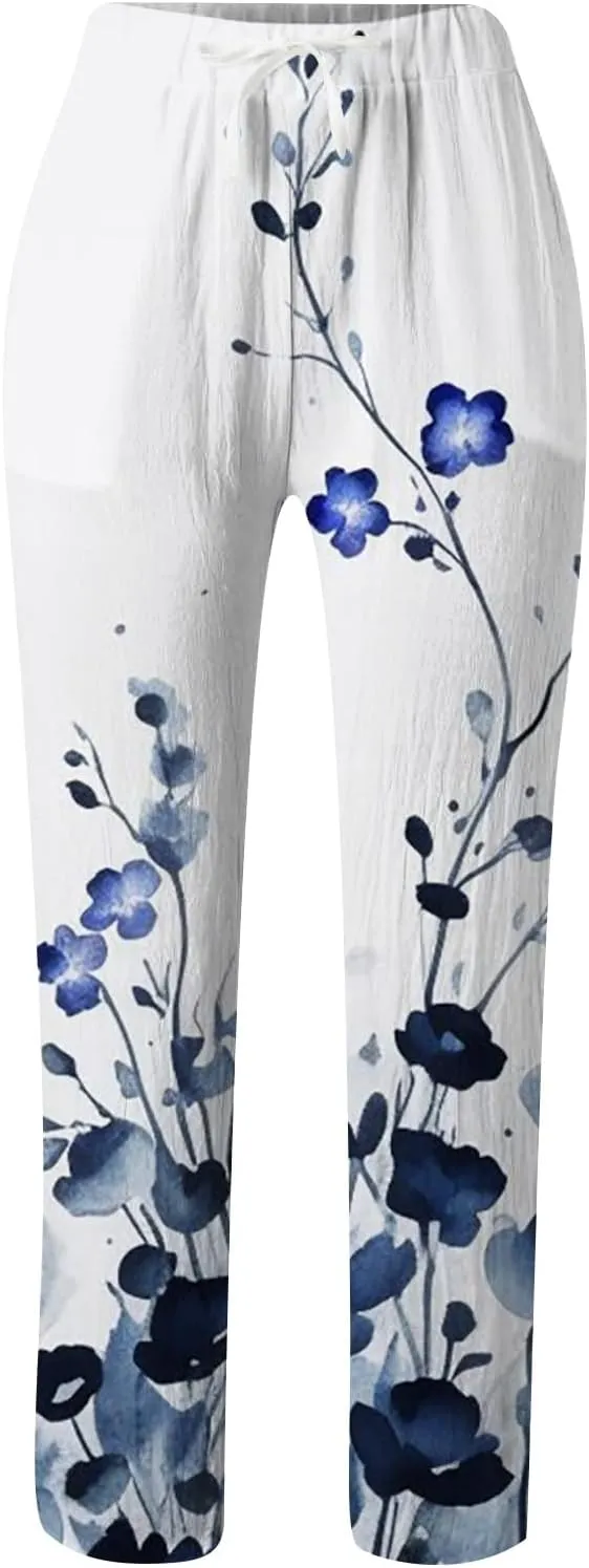 Women Cotton Linen Summer Trendy Pant Trousers Elastic Waisted Long Lounge Slim Fit Pants Beach