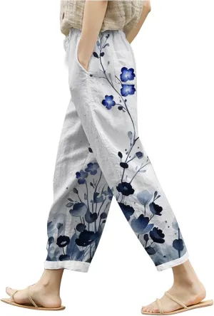Women Cotton Linen Summer Trendy Pant Trousers Elastic Waisted Long Lounge Slim Fit Pants Beach