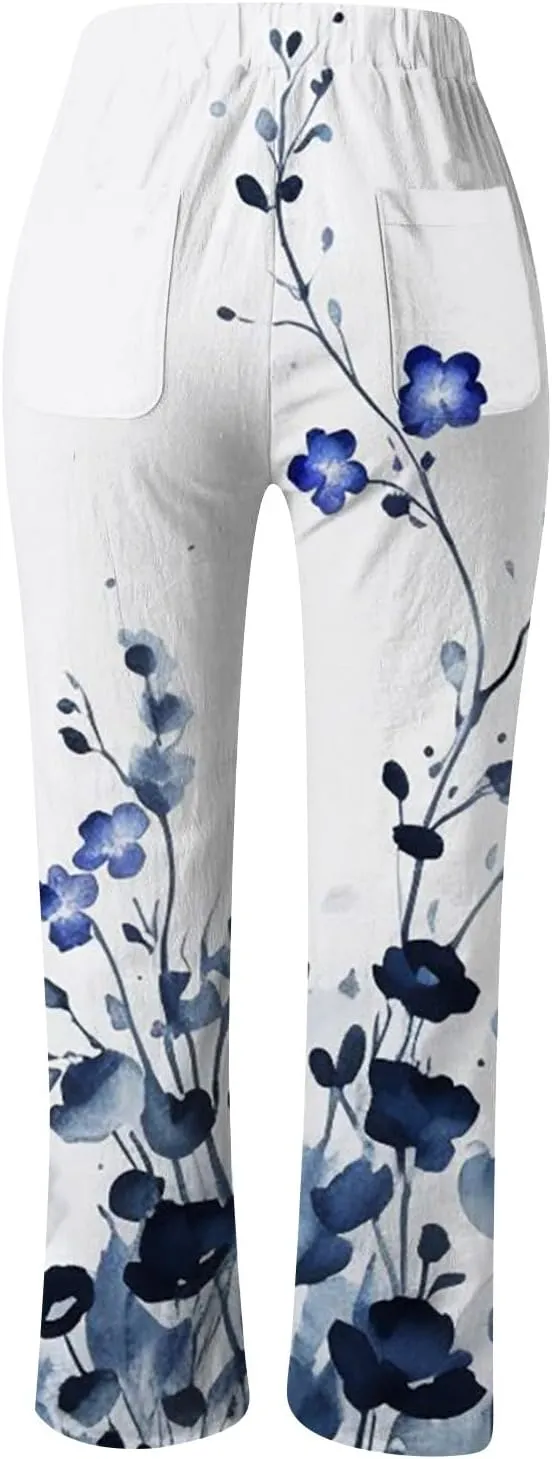 Women Cotton Linen Summer Trendy Pant Trousers Elastic Waisted Long Lounge Slim Fit Pants Beach