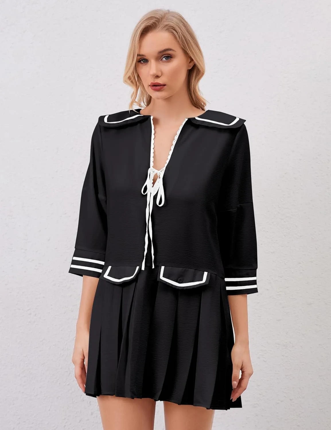 Women Cute Pleated V Neck Mini Dress Summer Casual Loose Binding 3/4 Sleeve Short Dress Girls Babydoll A line Sundress