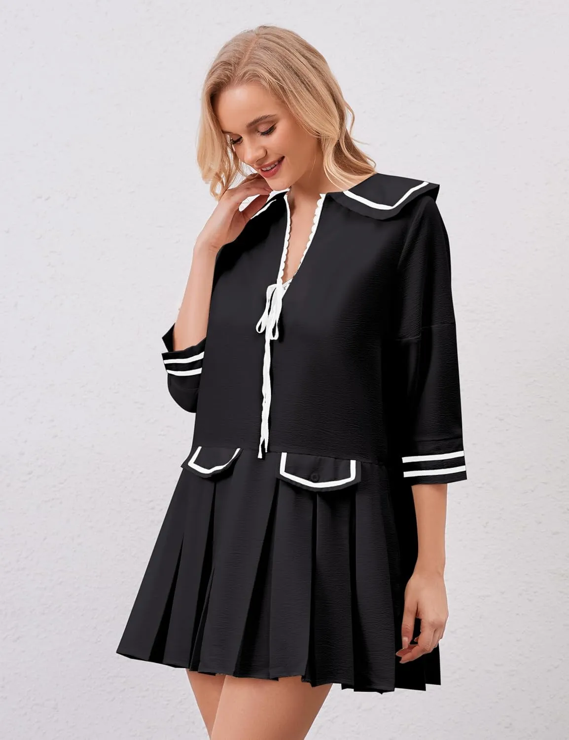 Women Cute Pleated V Neck Mini Dress Summer Casual Loose Binding 3/4 Sleeve Short Dress Girls Babydoll A line Sundress