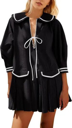 Women Cute Pleated V Neck Mini Dress Summer Casual Loose Binding 3/4 Sleeve Short Dress Girls Babydoll A line Sundress