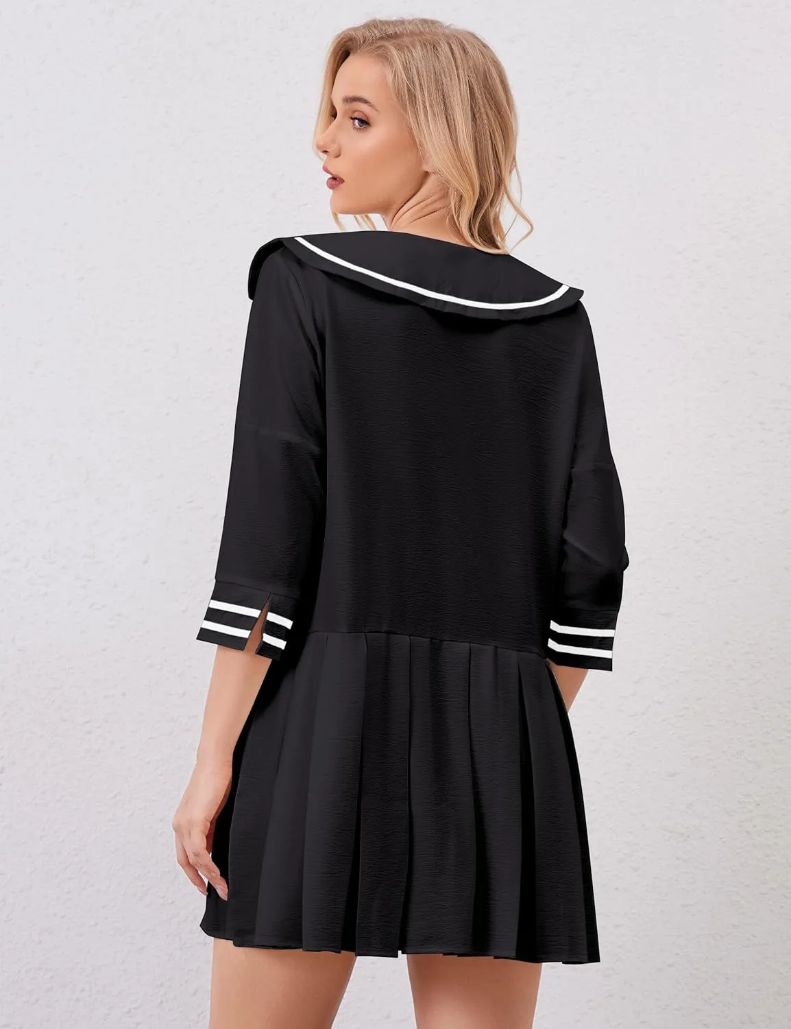 Women Cute Pleated V Neck Mini Dress Summer Casual Loose Binding 3/4 Sleeve Short Dress Girls Babydoll A line Sundress