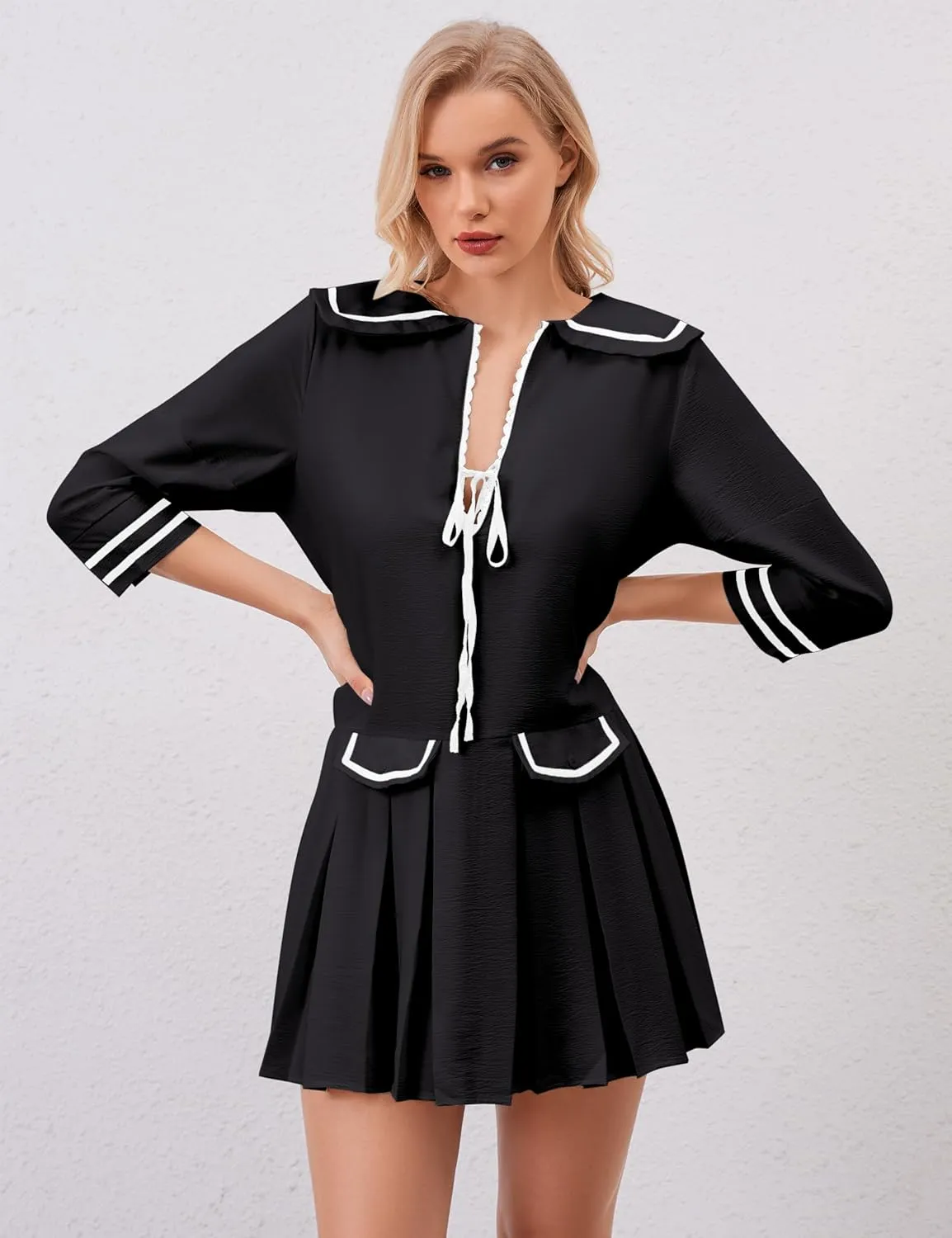 Women Cute Pleated V Neck Mini Dress Summer Casual Loose Binding 3/4 Sleeve Short Dress Girls Babydoll A line Sundress
