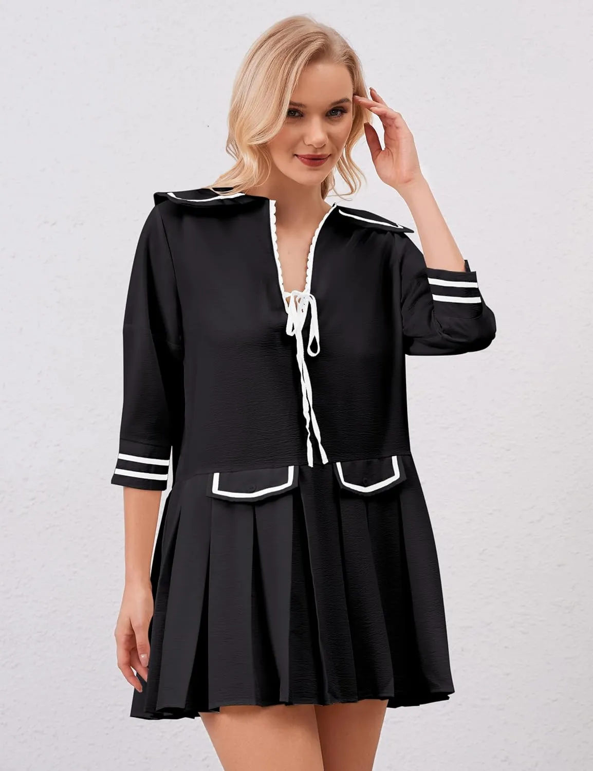 Women Cute Pleated V Neck Mini Dress Summer Casual Loose Binding 3/4 Sleeve Short Dress Girls Babydoll A line Sundress