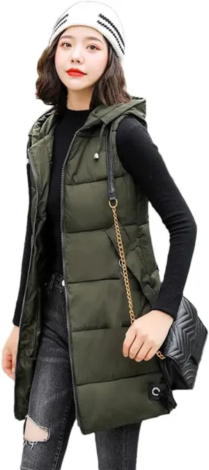 Women Down Cotton Vest Jacket Long Hooded Cotton-Padded Coat Female Waistcoat Padded Puffer Parkas