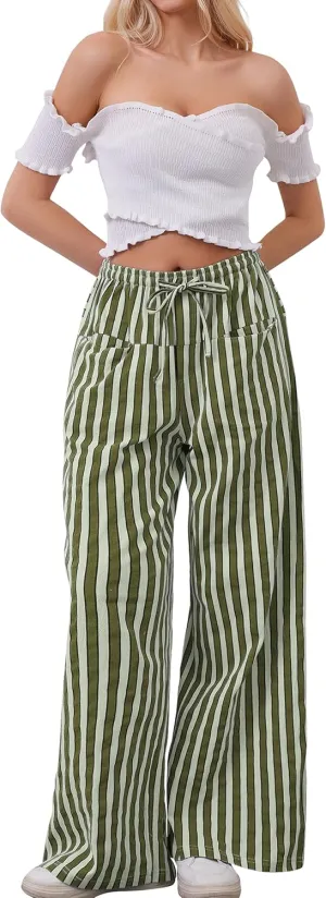 Women Drawstring Stripe Wide Leg Casual Trousers Striped Low Rise Casual Loose Lounge Pants with Pockets