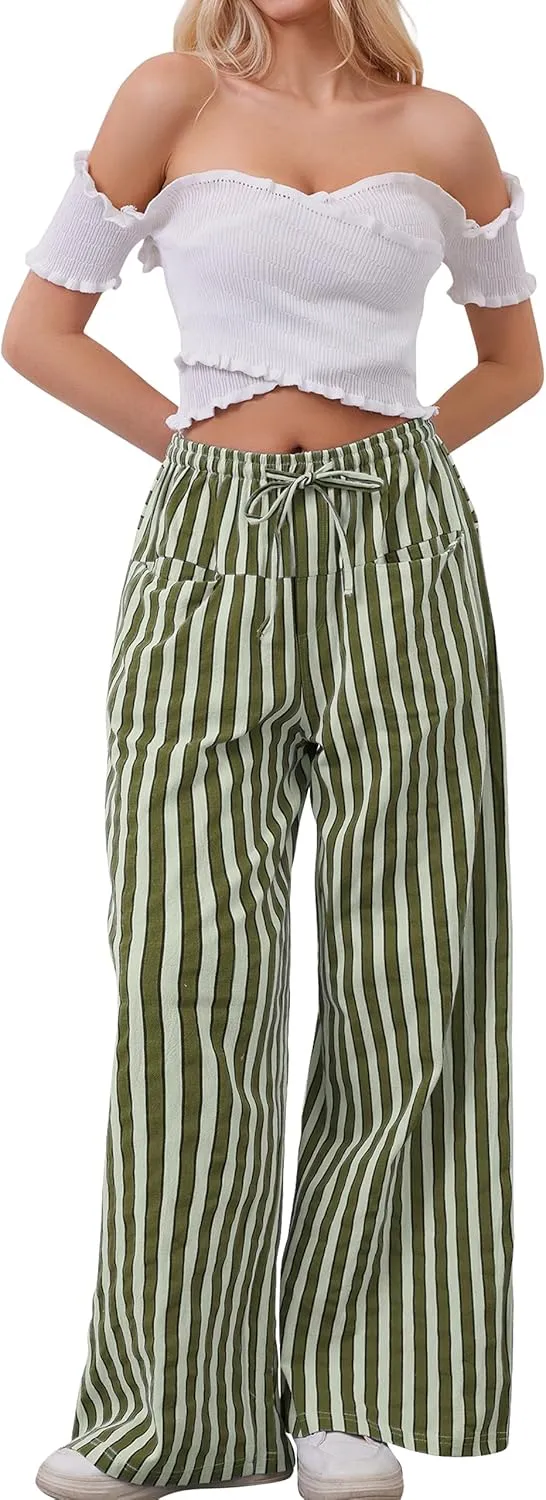 Women Drawstring Stripe Wide Leg Casual Trousers Striped Low Rise Casual Loose Lounge Pants with Pockets