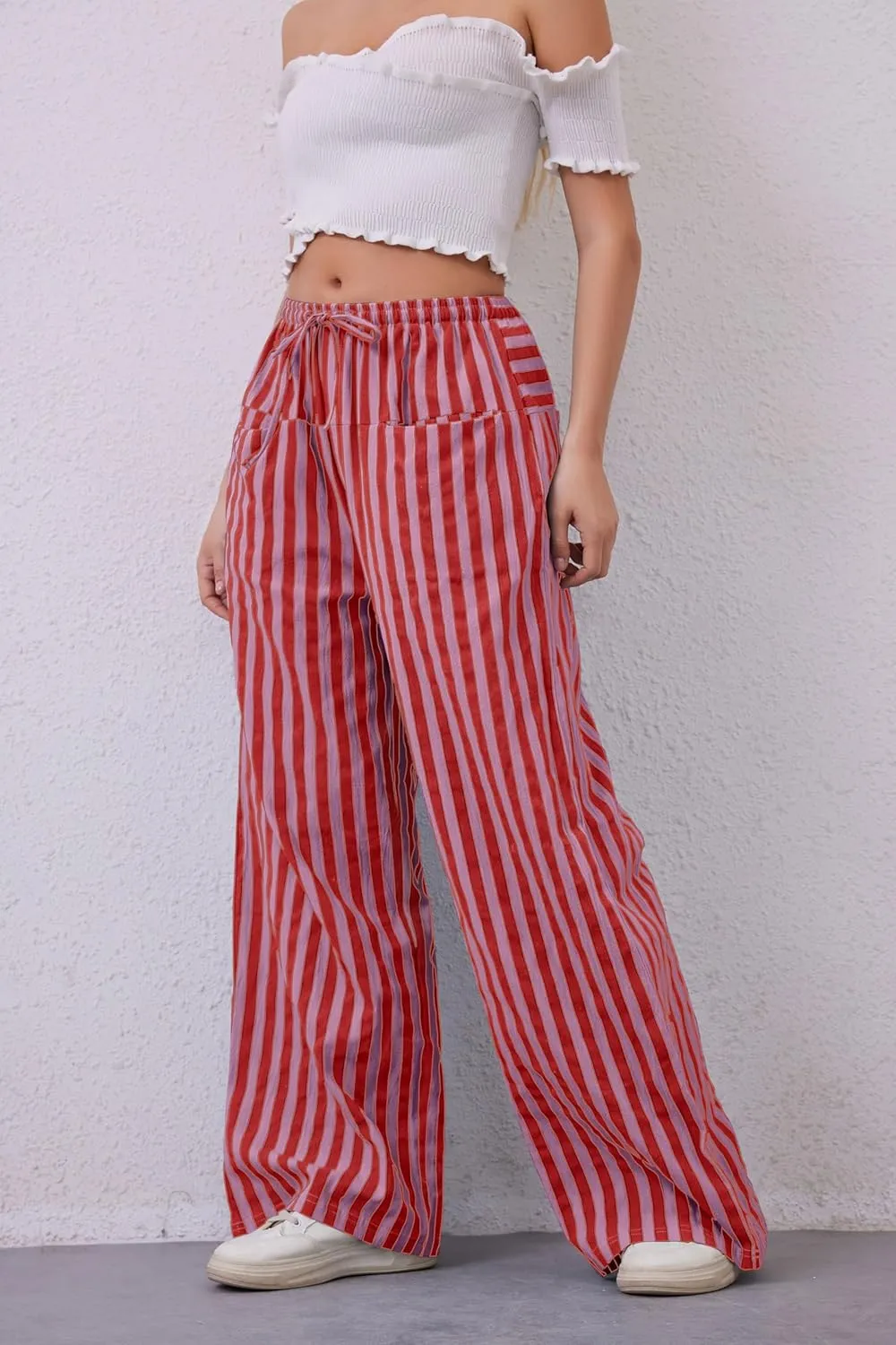 Women Drawstring Stripe Wide Leg Casual Trousers Striped Low Rise Casual Loose Lounge Pants with Pockets