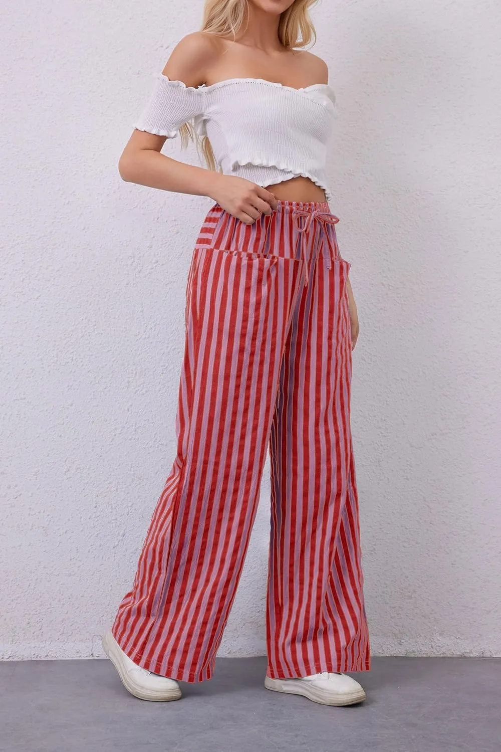 Women Drawstring Stripe Wide Leg Casual Trousers Striped Low Rise Casual Loose Lounge Pants with Pockets