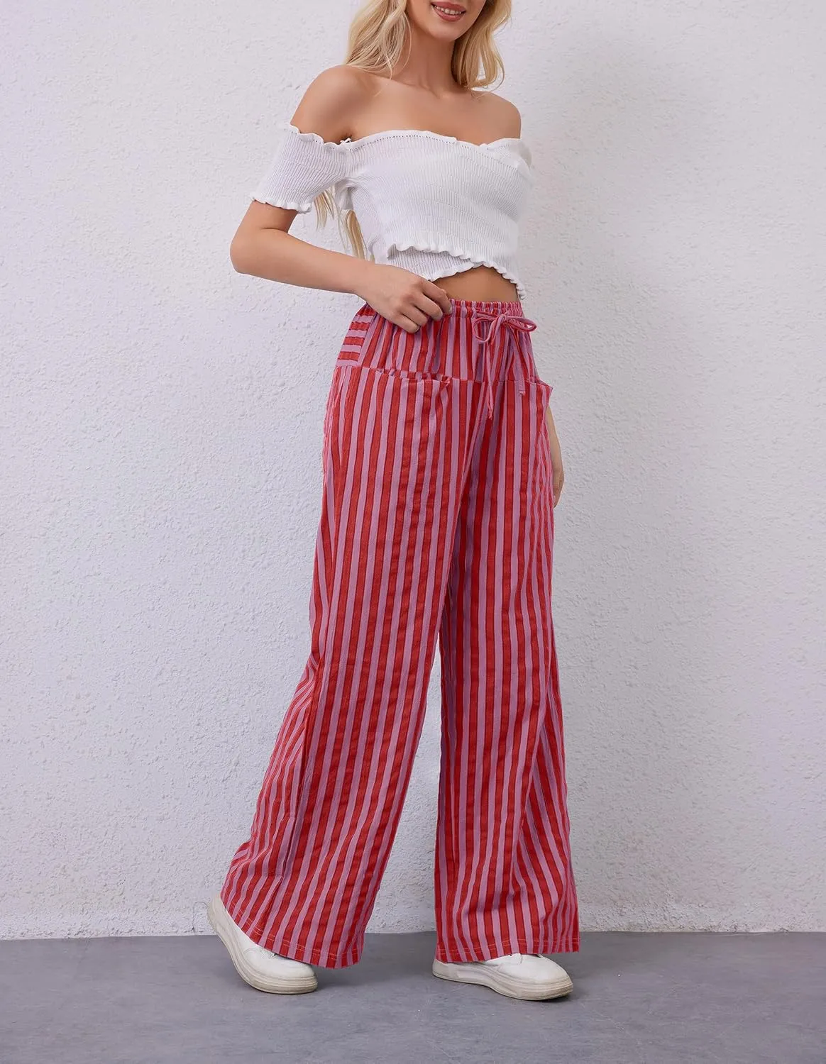 Women Drawstring Stripe Wide Leg Casual Trousers Striped Low Rise Casual Loose Lounge Pants with Pockets