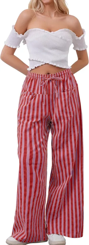 Women Drawstring Stripe Wide Leg Casual Trousers Striped Low Rise Casual Loose Lounge Pants with Pockets