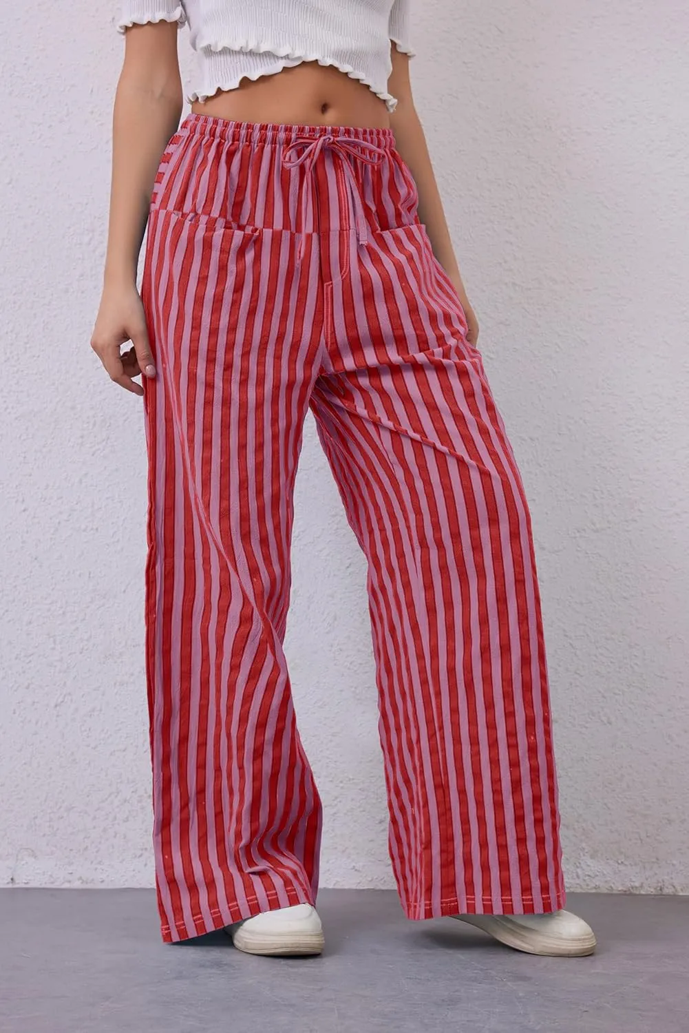 Women Drawstring Stripe Wide Leg Casual Trousers Striped Low Rise Casual Loose Lounge Pants with Pockets