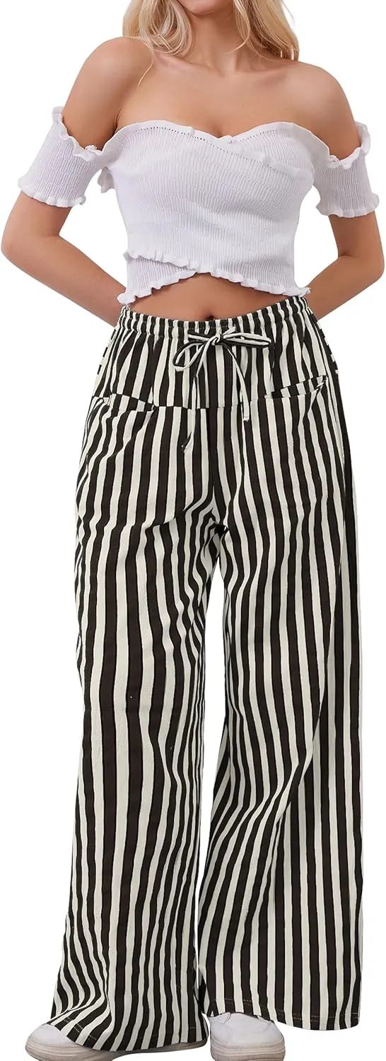 Women Drawstring Stripe Wide Leg Casual Trousers Striped Low Rise Casual Loose Lounge Pants with Pockets