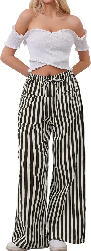 Women Drawstring Stripe Wide Leg Casual Trousers Striped Low Rise Casual Loose Lounge Pants with Pockets