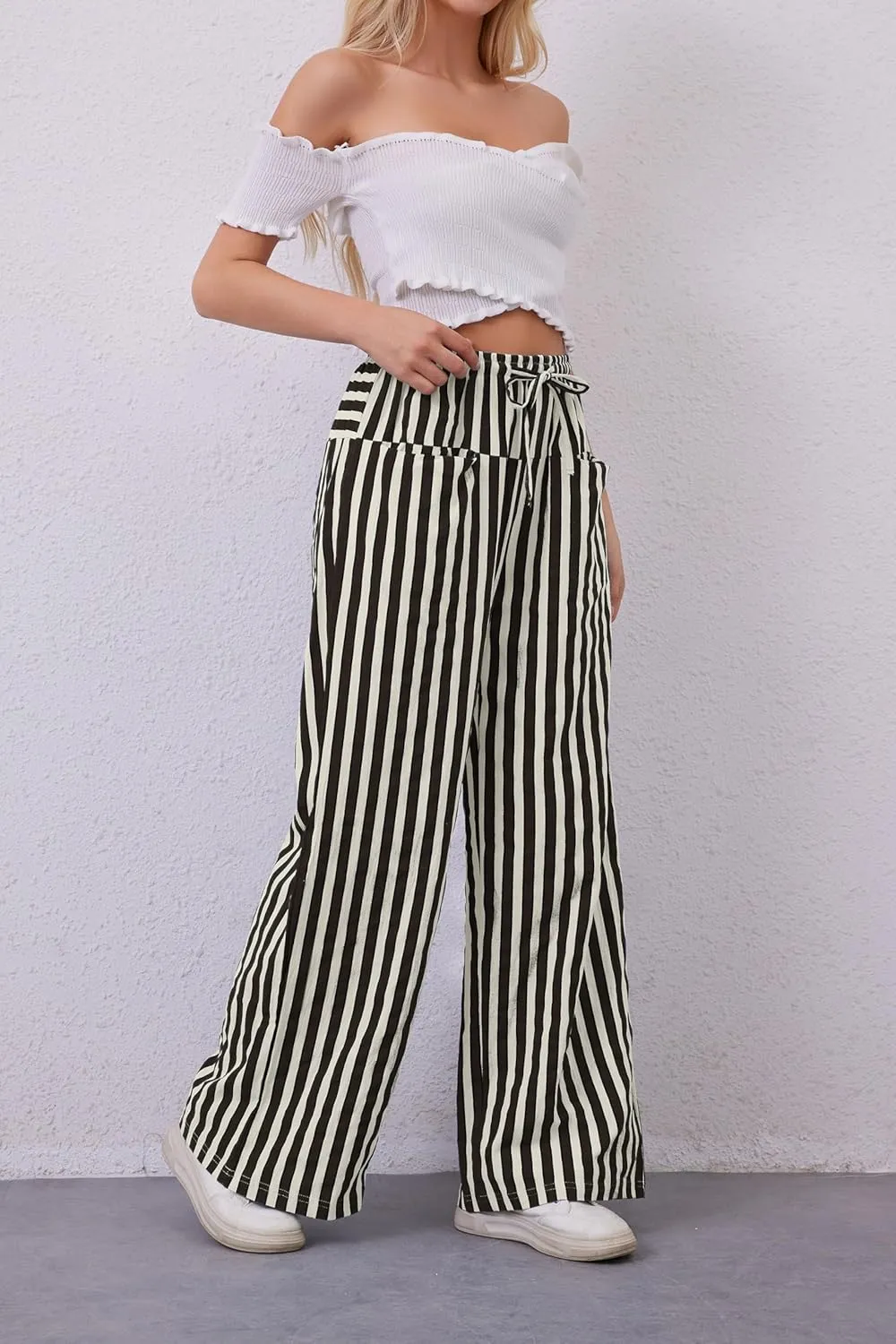 Women Drawstring Stripe Wide Leg Casual Trousers Striped Low Rise Casual Loose Lounge Pants with Pockets