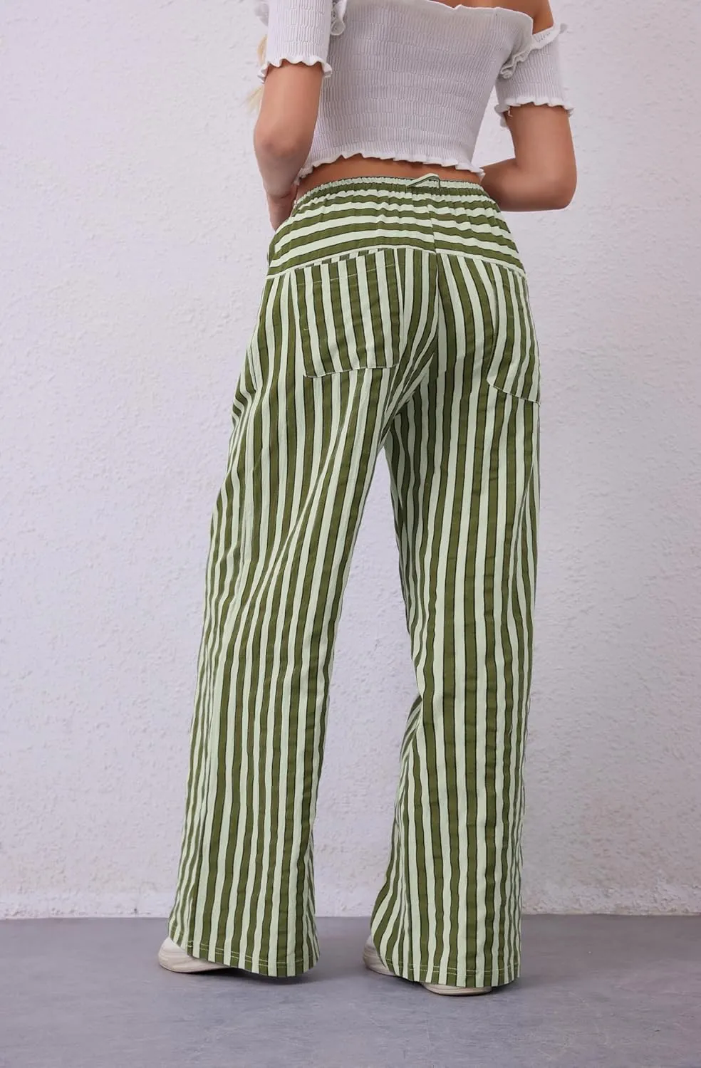 Women Drawstring Stripe Wide Leg Casual Trousers Striped Low Rise Casual Loose Lounge Pants with Pockets