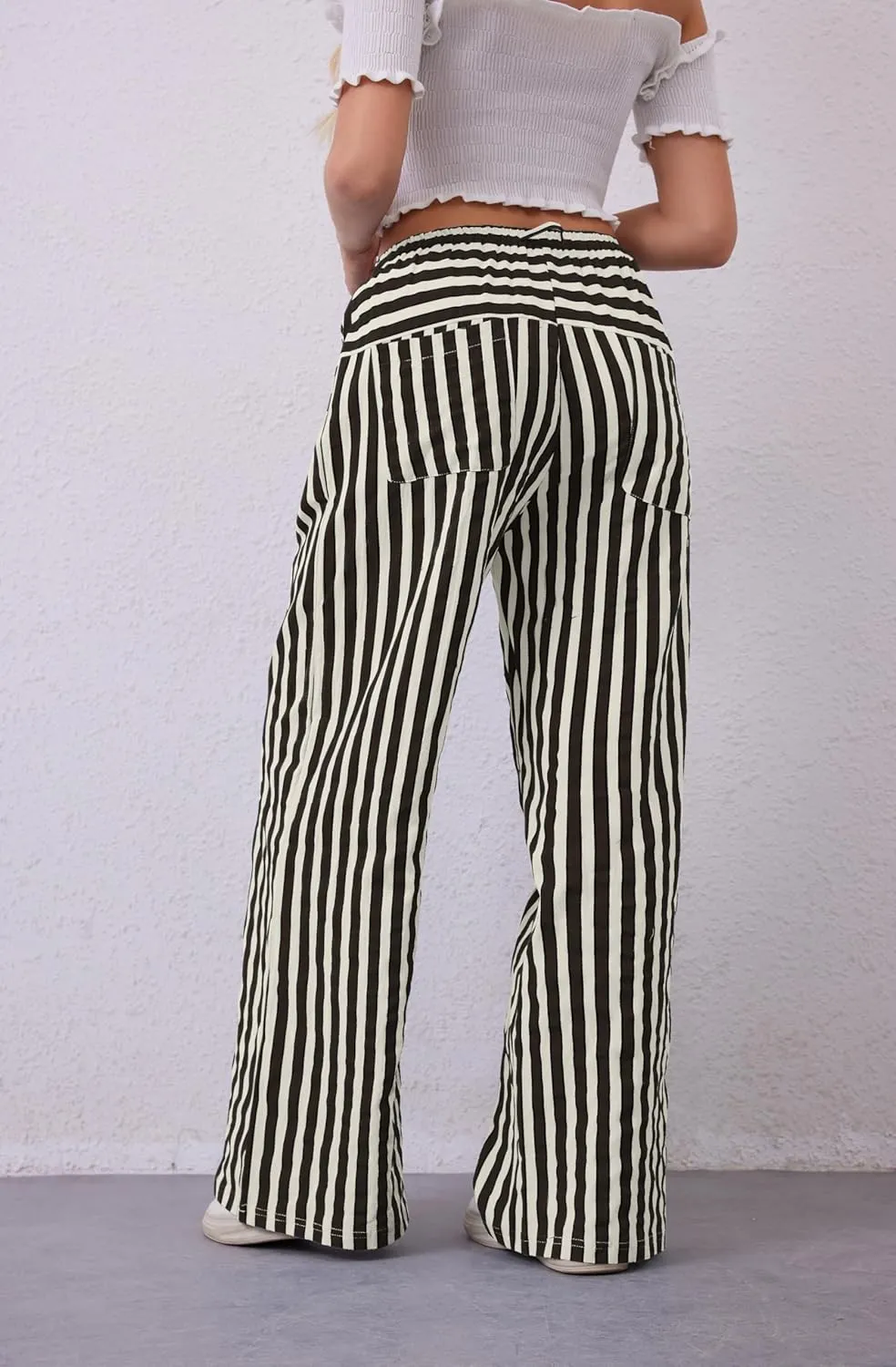 Women Drawstring Stripe Wide Leg Casual Trousers Striped Low Rise Casual Loose Lounge Pants with Pockets