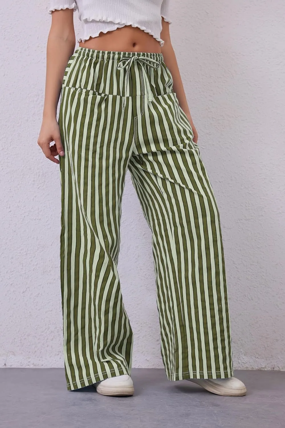 Women Drawstring Stripe Wide Leg Casual Trousers Striped Low Rise Casual Loose Lounge Pants with Pockets